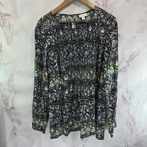 J Jill Shirt Womens Medium Brown Green Long Sleeve Smocked Keyhole Abstract Boho